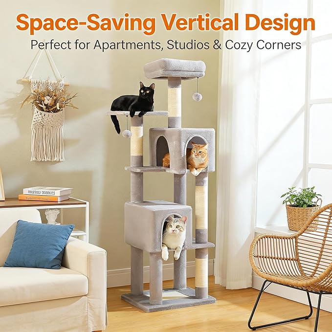 62" Cat Tree for Adult Cats - Multi-Level Tower with 2 Condos, Scratching Posts, Plush Bed & Pompoms, Gray