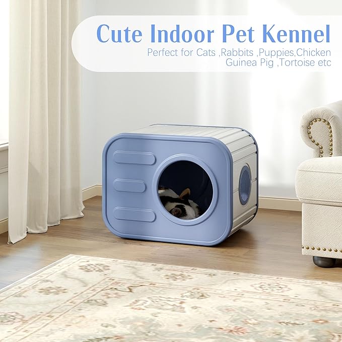 Insulated Outdoor Cat House,Plastic Feral Cat Houses for Outdoor Indoor Cats with Camera Appearance & Large Door,Stackable Cat Houses & Condos,Spacious Cat Bed Cave,Easy to Clean,Blue