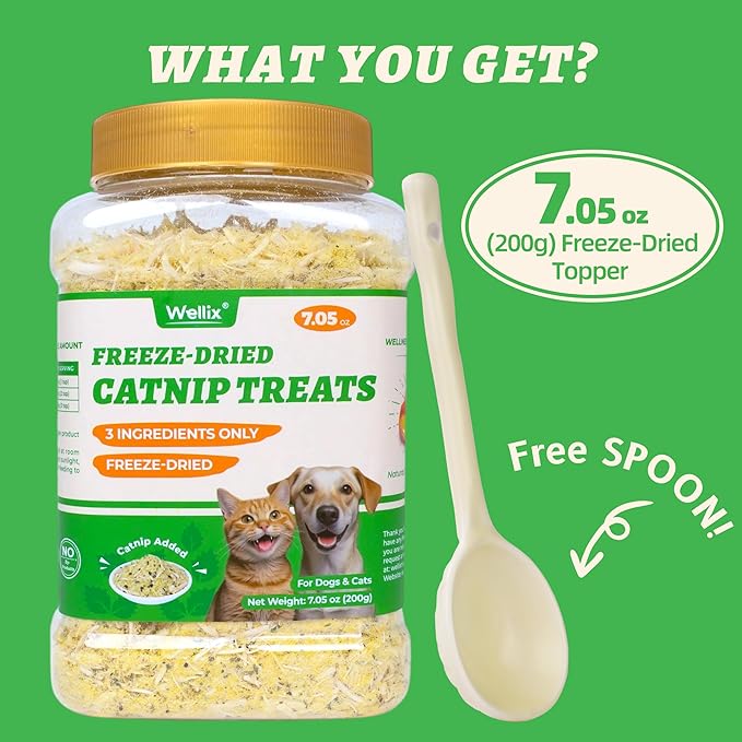 Wellix Dog & Cat Food Topper Catnip Treats for Cats with Egg Yolk & Chicken, Freeze Dried Cat Appetite Stimulant Treats Low Calorie Snacks Natural Ingredients Healthy Dry Food for Dogs & Cat-7.05oz
