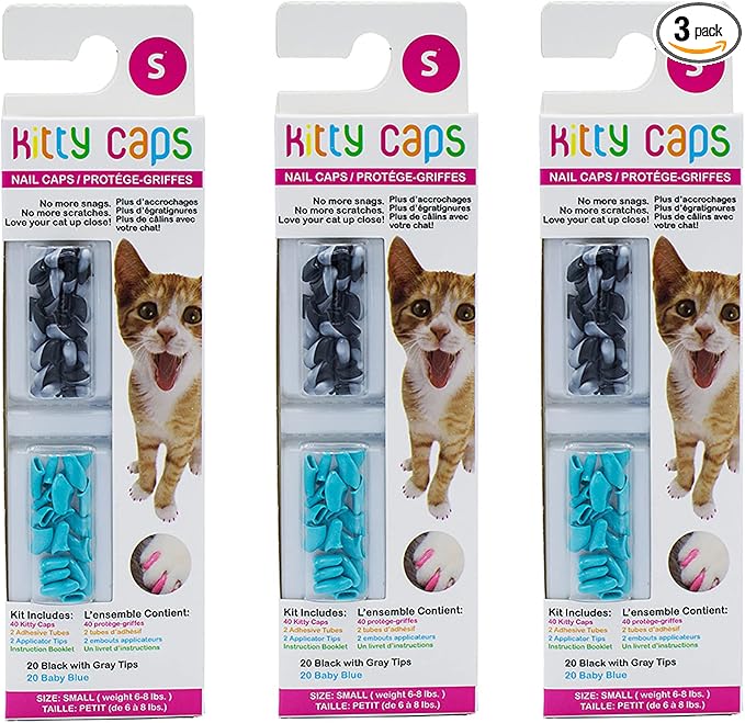 Kitty Caps Nail Caps for Cats, Black with Gray Tips & Baby Blue - Safe, Stylish & Humane Alternative to Declawing Stops Snags & Scratches, Small (6-8 lbs), 40 Count - 3 Pack
