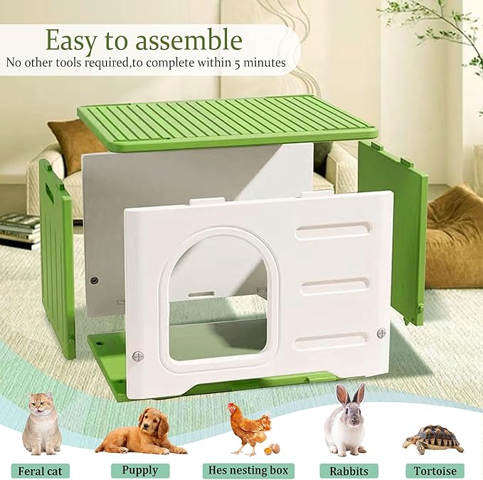 Plastic Cat House Outdoor & Indoor, Feral Cat Houses Waterproof Outdoor Cat House for Feral Cats, Outside Cat Shelter for Small Pet, Assemble and Clean Easily-Green