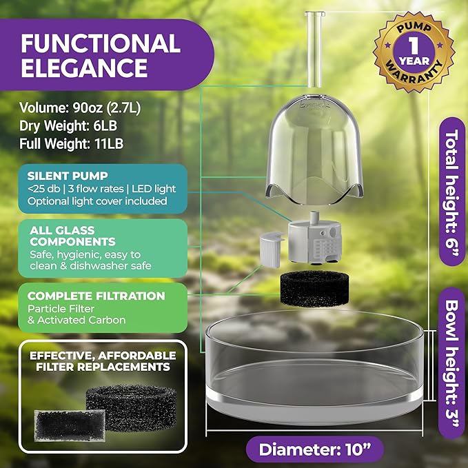 Brook Glass Pet Fountain (90oz/2.7L) – Cat & Dog Water Fountain – Glass Cat Fountain & Automatic Water Dispenser for Drinking