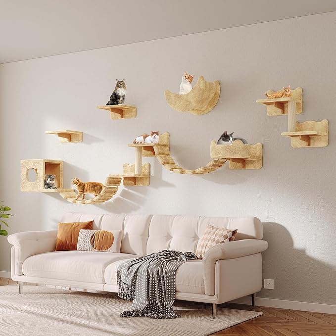 Cat Wall Shelves, Wall Mounted Cat Shelf Furniture with Plush Fabric(13 Piece Set), Cats Furniture with Moon Hammock, Condos, House, Steps, Bridge Ladder, Scratching Post, Beige