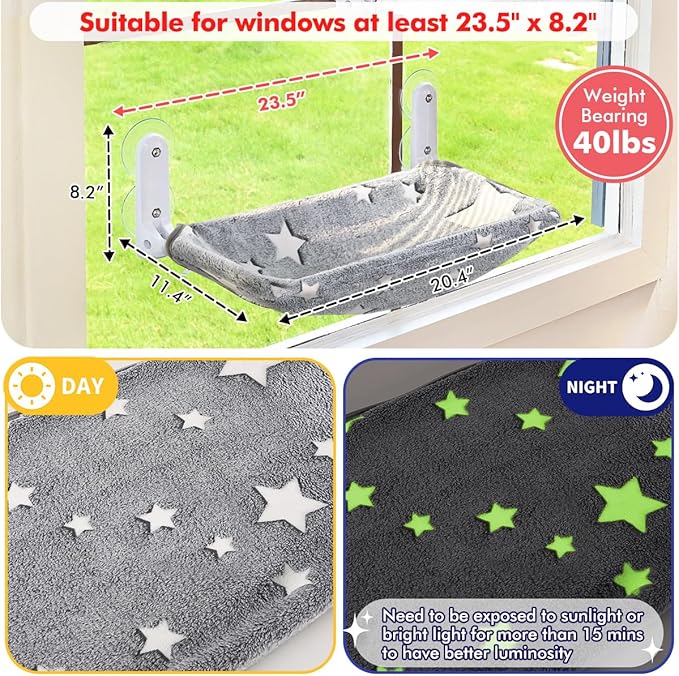 Zoratoo Cat Window Perch, Glow in The Dark Cordless Foldable Pet Hammock Bed for Window with Sturdy Metal Frame, Glowing Stars Pattern Resting Seat for Indoor Cats (Stars - M)