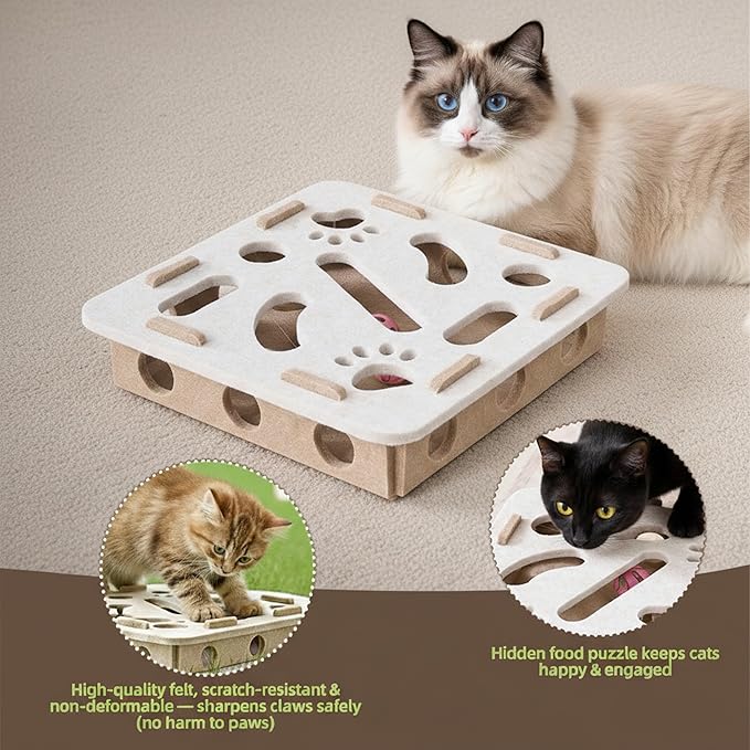 Interactive Cat Puzzle Feeder Toy - Felt Maze Box with 3 Jingle Balls for Indoor Cats Kittens | Mental Stimulation, Slow Feeding, Fun Exercise & Natural Hunting Instincts