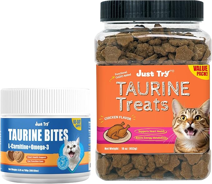 Just Try 16 OZ Taurine Treats with Coenzyme Q10 for Cats + 6.35 oz Cat Taurine Bites Coq10 Support Feline Heart Health