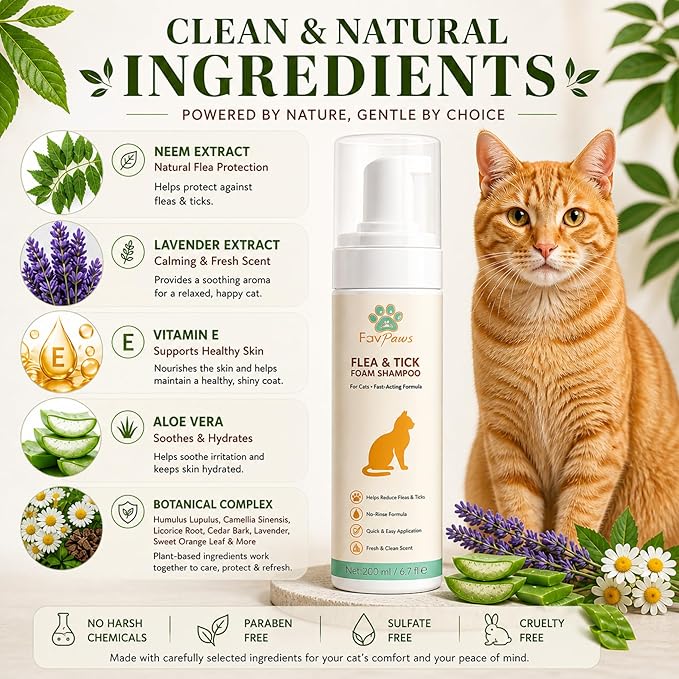 Flea & Tick Cat Waterless Foam Shampoo – No Rinse Grooming Formula – Gentle Care Coat Cleansing – Fresh Clean Scent – Dry Shampoo for Cats and Kittens -200 ml (6.7 fl oz)