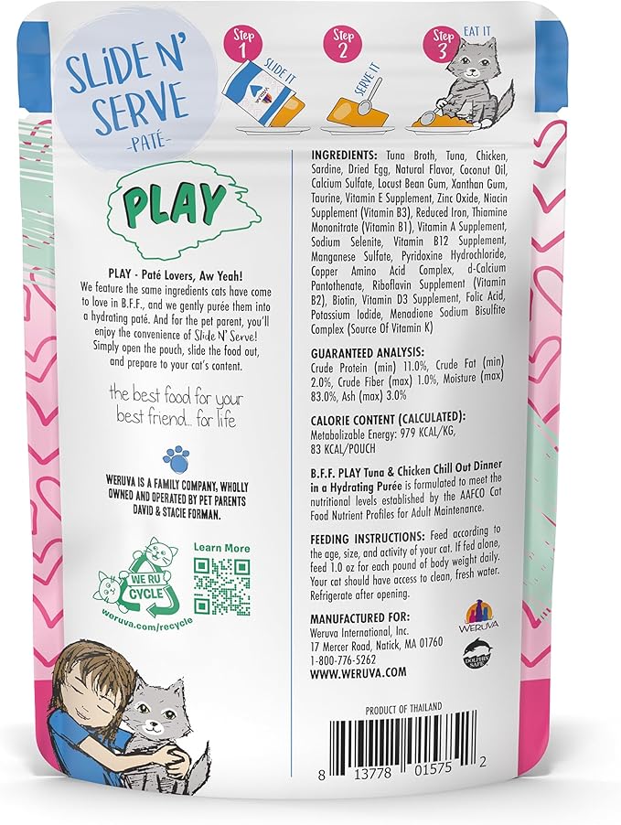 Weruva B.F.F. Play - Best Feline Friend Paté Lovers, Aw Yeah!, Tuna & Chicken Chill Out with Tuna & Chicken, 3oz Pouch (Pack of 12)