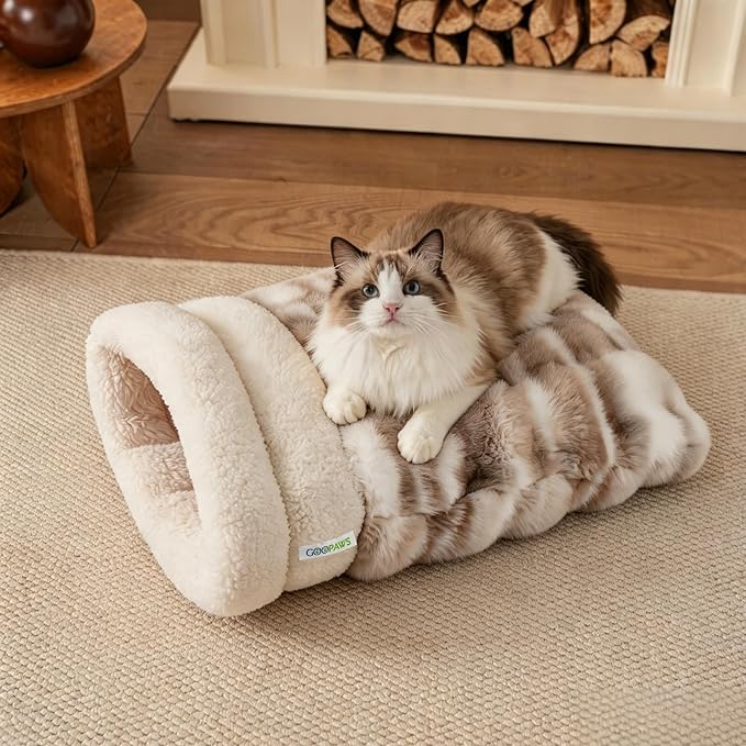 4 in 1 Self Warming Burrow Cat Bed, Pet Hideway Sleeping Cuddle Cave (Style- Tie-Dye Grey)