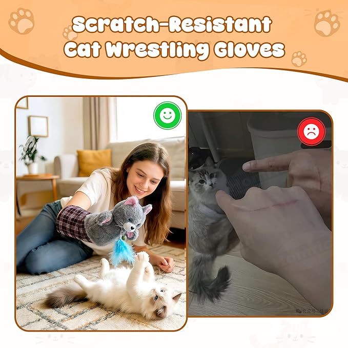 Homrich Cat Wrestling Glove Toy - Interactive Scratch-Resistant Cats Puppet Wrestler with Catnip, Thickened Sleeve for Pet Safe Fun Play