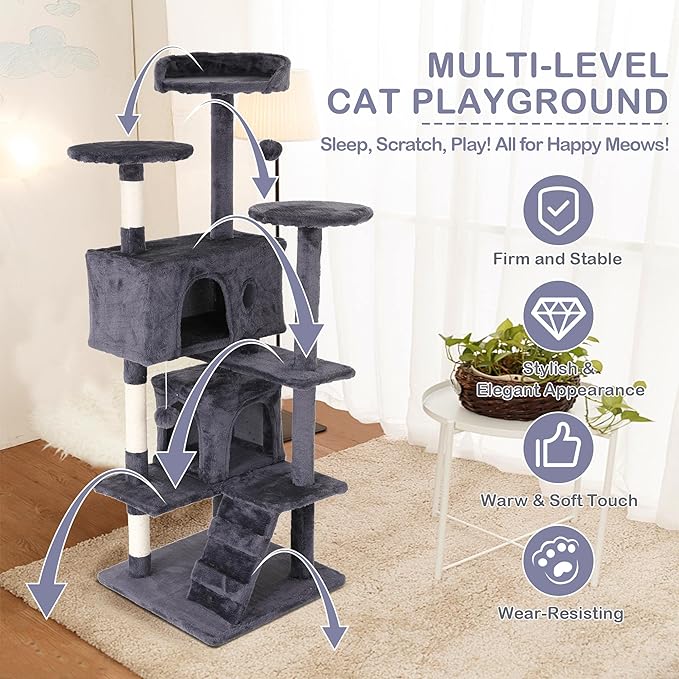 54 Inch Tall Cat Tree Tower - Multi-Level Cat Condo with Scratching Post, Toys & Rest Area, Light Grey