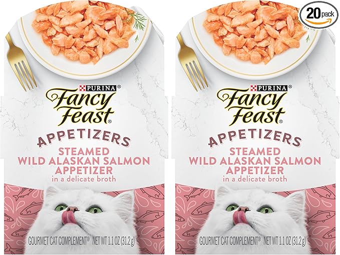 Fancy Feast Purina Appetizers Lickable Grain Free Wet Cat Food Topper Wild Alaskan Salmon Appetizer - 1.1 oz. Trays,(Pack of 20)