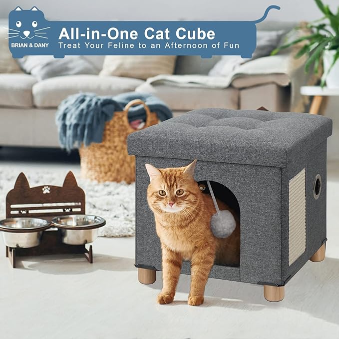 BRIAN & DANY Cat Beds for Indoor Cats,Large Cat Cave House for Kitten with Scratch Board & Ball, 17.7 x 14.8 x 15 inches, Gray (Large)