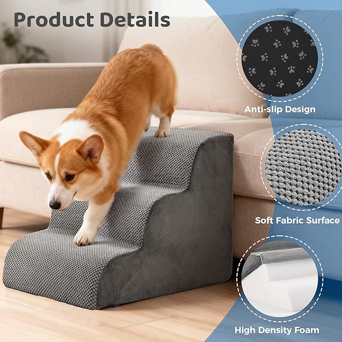 DUMOS Dog Stairs Ramp for Small Dogs and Cats, 3-Step Curved Pet Dog Steps with High-Density Foam for Puppy and Older Cats, Indoor Non-Slip Pet Ladder Ramp Stairs for Couch, High Beds, Sofa, Car-Grey