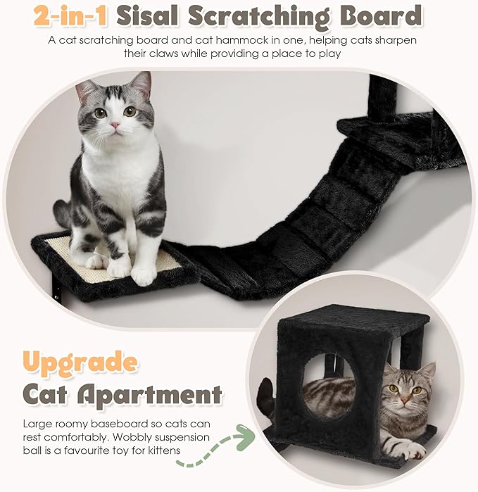 NUNU LAB 14-in-1 Cat Wall Shelves Set, Wall-Mounted Cat Climber with Bridge, Tunnel, House, Scratcher, Steps, Indoor Space-Saving Furniture for Kittens Play, Gray