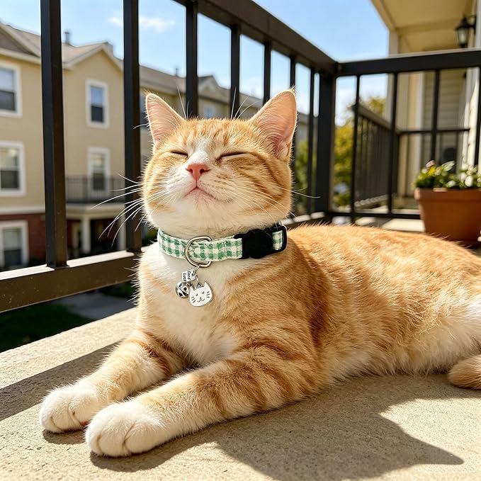 2 Pack Cotton Breakaway Cat Collars with Bell and Charms Green Solid Plaid Safety Collars for Girl Boy Cats, Cat Head and Paw Pendant Cute Kitten Collars