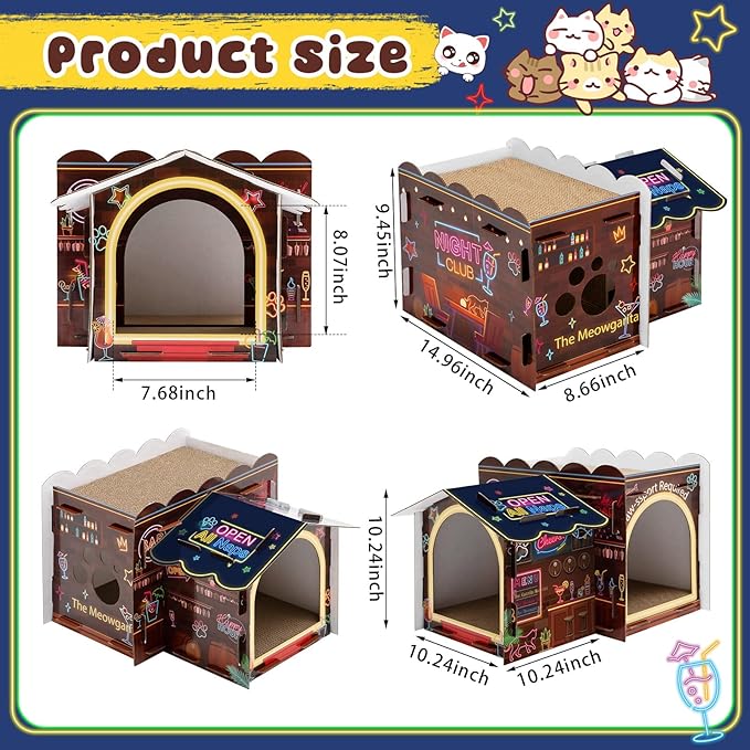 Lineshading 2 Story Cardboard Cat House with Scratcher Pad, Multi Level Durable Cat Scratcher House for Small Kitten Bunny Rabbit Animals Christmas Birthday Gift(17x12x10,Bar)
