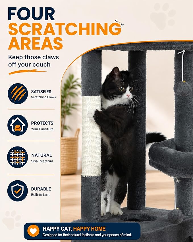 Multi-Level Cat Tree Tower for Indoor Cats, 67 inch Tall XL Heavy Duty Climbing Tower with 3 Large Platform, Scratching Post, Hammock, Kitty Condo for Multiple Cats, Extra Large Cat Trees, Dark Grey