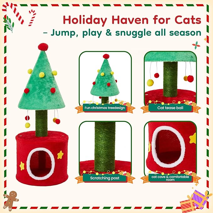 Cat Tree Tower for Indoor Cats, Cat Tree Small with Sisal Scratching Posts and Cozy Cat Bed, Multi-Functional Cat Furniture for Kittens and Adult Cats，Green&Red