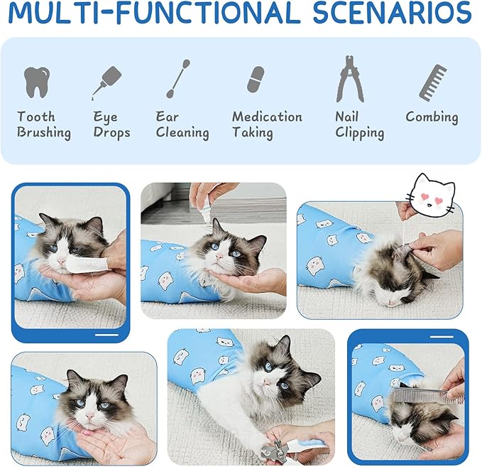 Cat Wrap for Cutting Nails, Self-Adhesive for Grooming, Anti-Scratch Cat Swaddle Wrap for Medicine, Nail Clipping, Teeth Brushing, Ear Cleaning