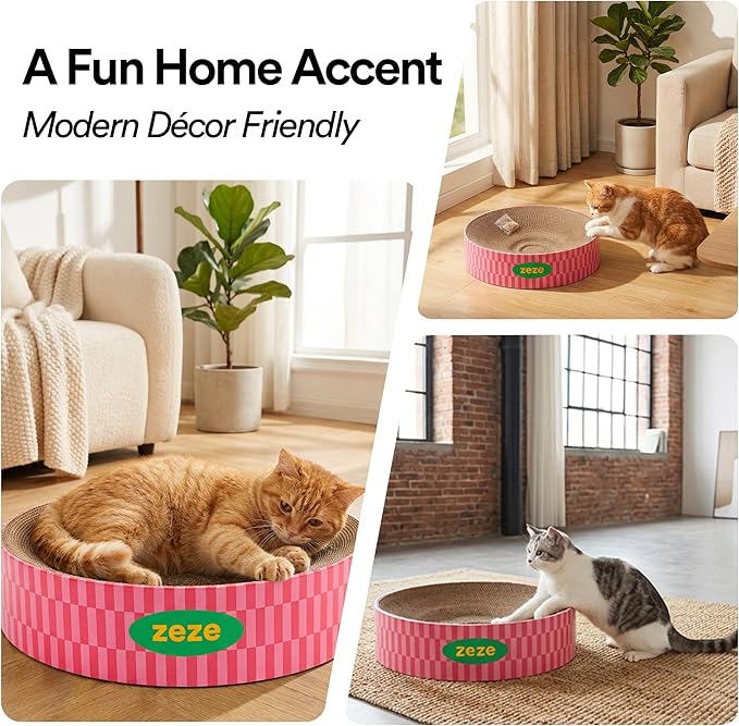 ZEZE Round Cat Scratcher Bed — Durable Corrugated Cardboard Cat Lounge, Scratch & Sleep Bowl Shape Cat Bed, Cozy Curved Design, Minimal Mess, Sturdy Edge Support (Retro Sweetheart)