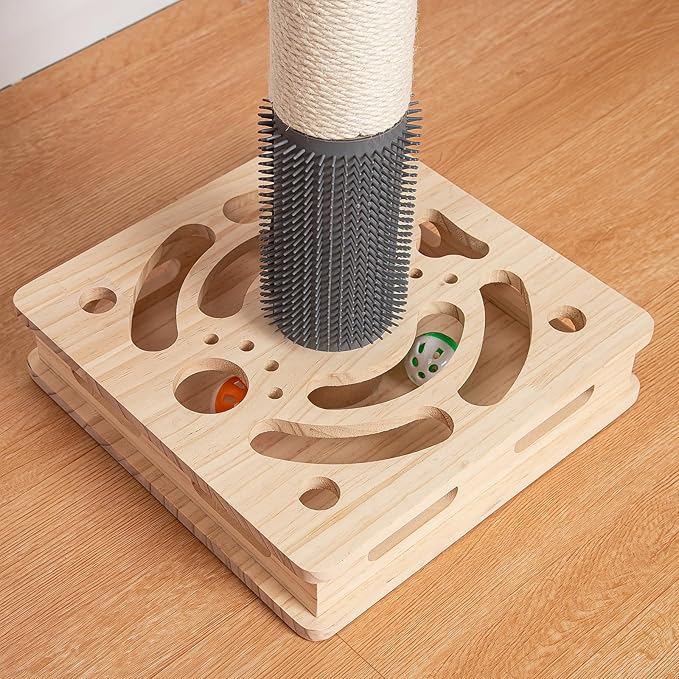 20.5 Inch Cat Scratching Post, 4-in-1 Interactive Maze Base with Cat Self Groomer, Natural Pine Wood & Premium Sisal Scratching Pole, Anti-Slip Detachable Design for Indoor Cats