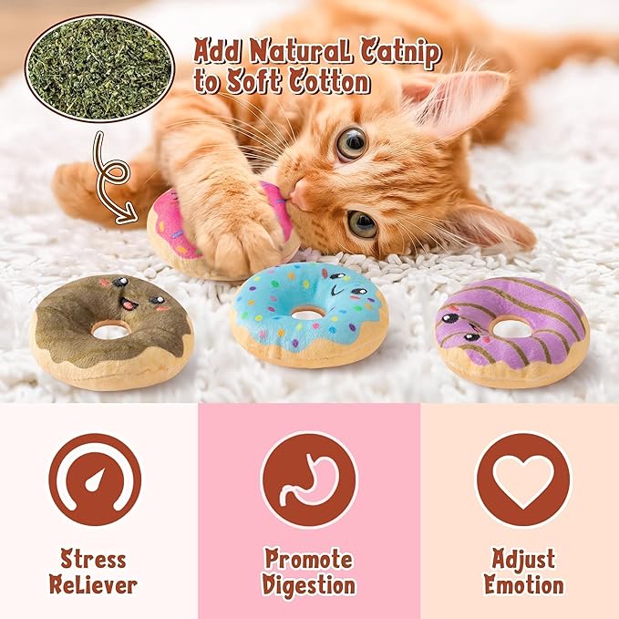 L1rabe Donut Catnip Stuffed Toys for Cats - 5Pcs Pet Days Funny Dessert Organic Cat Toys Pet Supplies, Indoor Cats Chew Bite Teething Tools Kittens Catmint Birthday Present Interactive Supplies