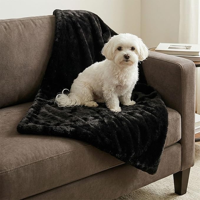 4 Cats & Dogs Leak Resistant Mini Faux Fur Throw, Soft European Faux Fur Pet Blanket, Velvet Backing, 40 x 30 Inch Cozy Furniture Protector for Pets, Machine Washable (Black)