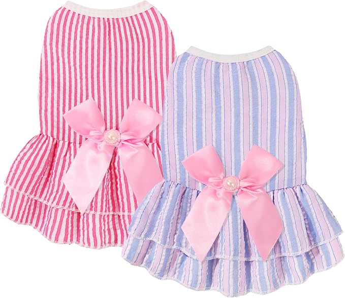 Dog Dress, Cute Pet Princess Dresses with Bright Color Design, Sweet Bowknot, Dog Clothes for Small Dogs Girl, Breathable & Lightweight, for Spring Summer, 2 Pack (Rose PinkBlue, Medium)