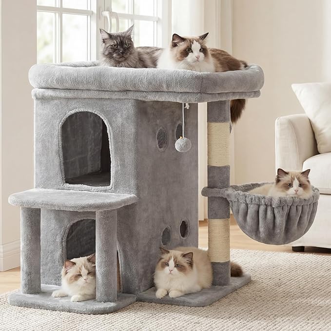 Heybly Cat Tree, 26.3-inch Cat Tower with Spacious Top Perch for Large Cats, Stair-Style Cat House Furniture with Dual-Layer Condos, Sisal Scratching Posts, Cozy Basket & Pompom, Light Gray HCT204SW