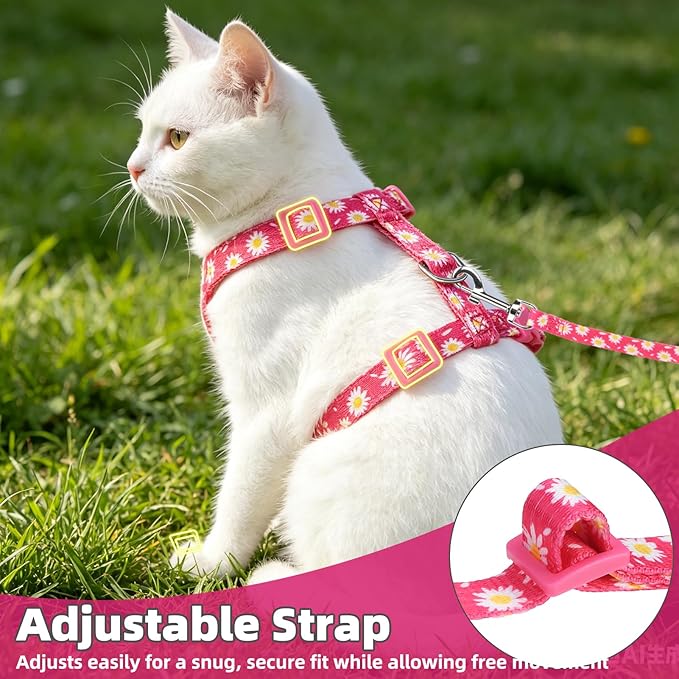 PUPTECK Adjustable Cat Harness and Leash Set Escape Proof Kitten Strap Collar for Walking Travel, Daisy Pattern