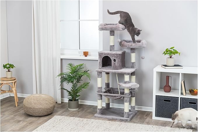 Trixie 56.3" Eduardo Cat Tree, 4-Level Indoor Cat Furniture with Jute Scratching Posts, Plush Condo, Hammock & Platforms, Play Rope and Dangling Ball