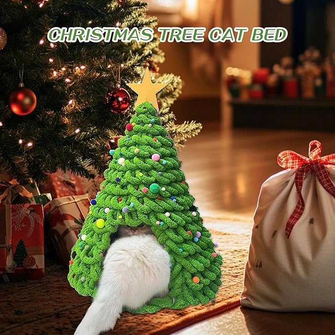 Cat Christmas Tree Bed - Fun Tent Cave House, Kitten Bed Furniture Set with Plush Comfortable Material, and Pet Hideaway for Cats, Dogs, Indoor & Outdoor Use, Family, Friends, Pet Enthusi