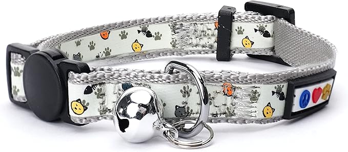 Pawtitas Glow in the Dark Cat Collar with Breakaway Safety Buckle & Bell Adjustable Kitten Collar, Grey