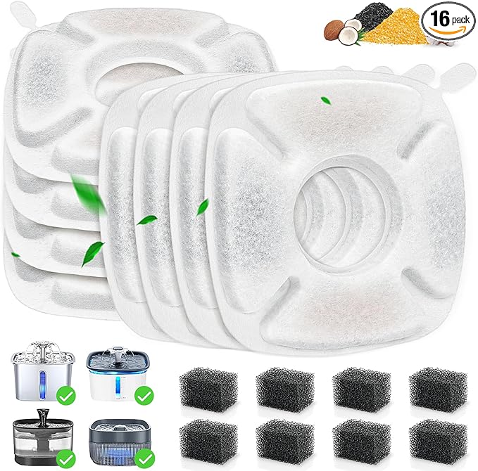 16 Pack Cat Water Fountain Replacement Filters, 8 Pcs Cats Fountain Filters & 8 Pcs Pre-Filter Sponges for 95oz/2.8L 135oz/4L 67oz/2L Automatic Pet Dog Fountain Water Dispenser Filter