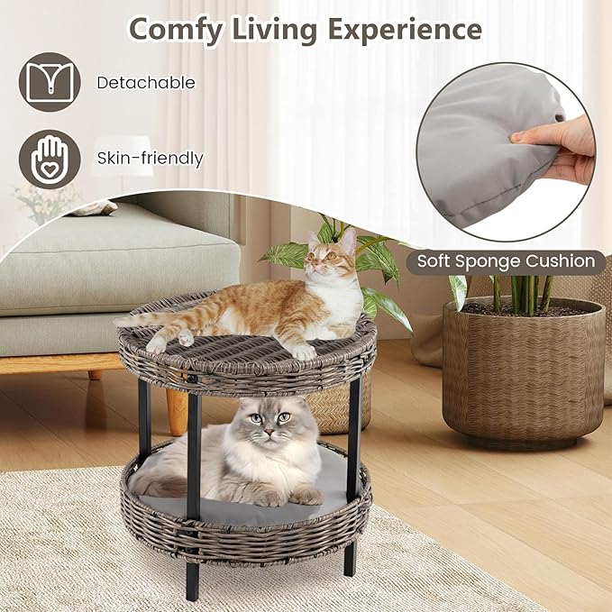 PETSITE Modern Wicker Cat Nest, 2-Tier Rattan Cat House w/Removable Padded Cushion, Round Platforms, Metal Frame, Indoor & Outdoor Raised Pet Shelter for Living Room, Bedroom, Porch