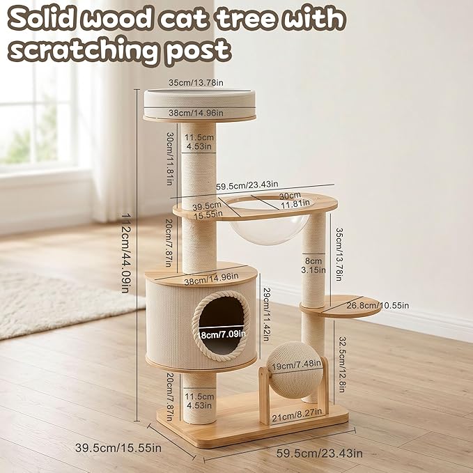 45IN Wooden Cat Tree for Large Indoor Cats, Multi-Level Cat Tower with Wide Base, Rubberwood Cat Condo, Space Capsule Bed, Scratching Posts, Reversible Mats & Modern Cat Furniture