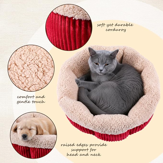 AceOrbit 4 Pack Cat Bed Bulk 20in Self Warming Pet Beds for Small Cats Dogs Washable Red Round Donut Calming Bed with Anti-Slip Bottom Pet Gift Winter for Small Medium Cats and Dogs Puppy Kitten