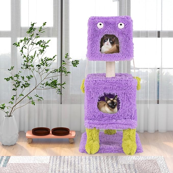 Tangkula Monster-Themed Cat Tree, 3-Level Cat Tower Activity Center with 2 Private Cat Condo, Sisal Scratching Posts & Hanging Toys, Long Plush Cute Cat Tree Tower for Indoor Cats (44 Inch)
