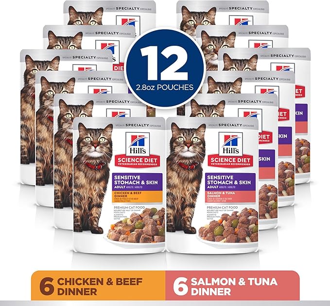 Hill's Science Diet Adult Sensitive Stomach & Skin Wet Cat Food Variety Pack, Chicken & Beef, Salmon & Tuna, 2.8 oz. Pouches, 12-Pack