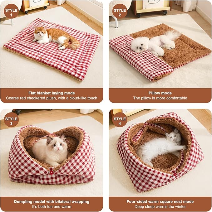 Jiupety Cat Bed for Indoor Self Warming Cat Bed Mat Ultra-Soft Plaid Dog Beds Machine Washable Pet Bed,Multifunction Folding Pet Blanket for Small Dogs and Cats Red,30X23In