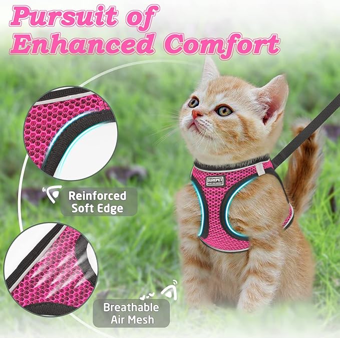 Cat Harness and Leash for Walking Escape Proof, Adjustable Kitten Vest Harness Reflective Soft Mesh Puppy Harness for Outdoor, Comfort Fit, Easy to Control (Pink, S)