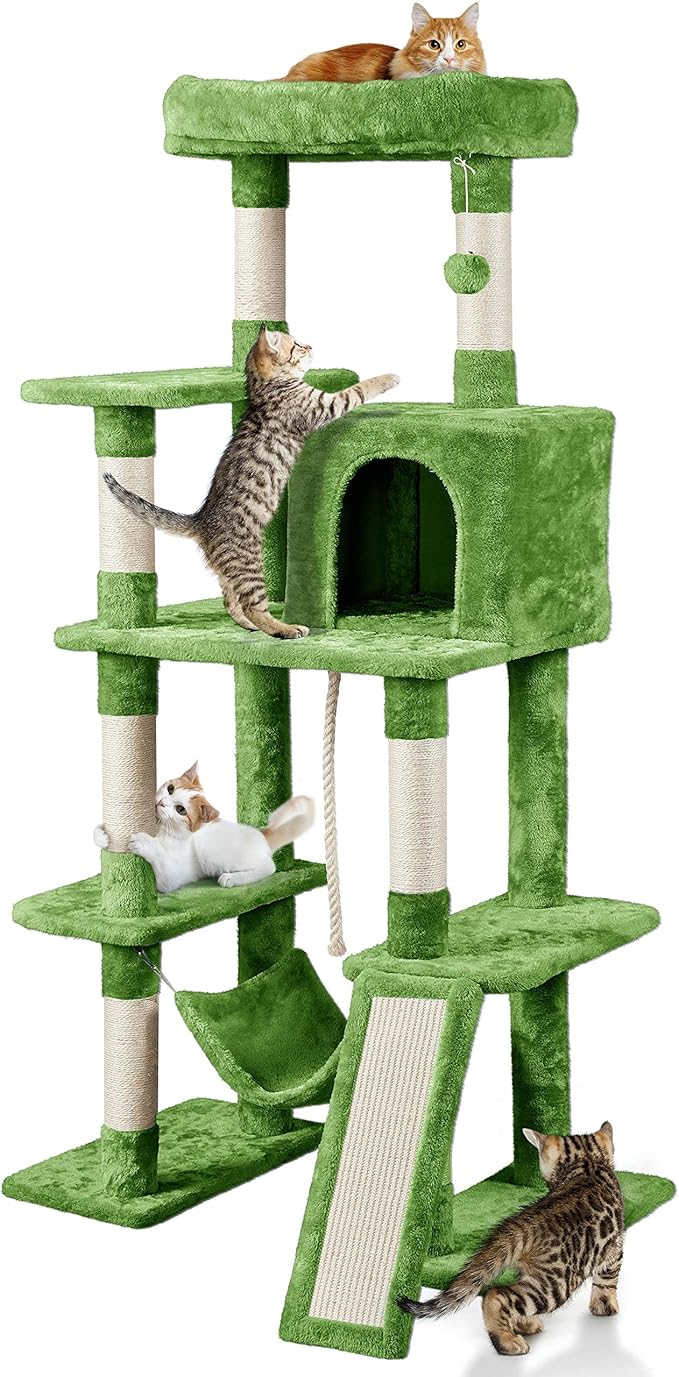 Topeakmart 63in Cat Tree Cat Climbing Tower, Cat Activity Center w/Scratching Post Cozy Condo House Spacious Platform for Indoor Cats, Green