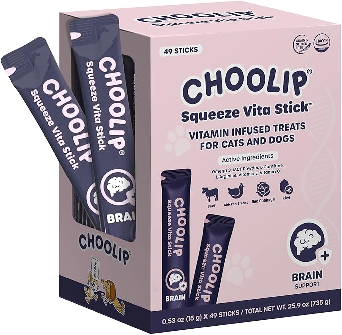 Choolip Squeeze Vita Stick Brain Support Lickable Cat and Dog Treats, 49-Count – Beef and Chicken Soft Puree with DHA, CoQ10 & Vitamin E for All Life Stages
