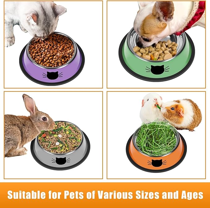 Serentive 3 Pcs Non-Slip Stainless Steel Small Cat Food Bowls - Unbreakable, Thicken 7 Oz Cat Dishes - Indoor, Removable Rubber Base, Easily Clean, Lovely Color