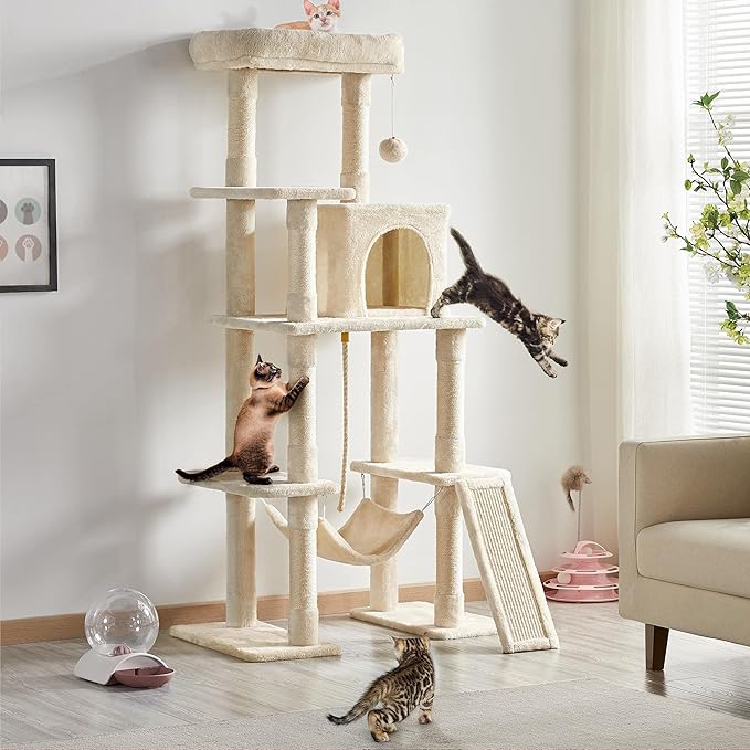 Topeakmart 63in Cat Tree, Large Cat Tower Furniture with Cat Condo, Padded Platform & Sisal-Covered Scratching Post, Stable Cat Tower Pet Play House