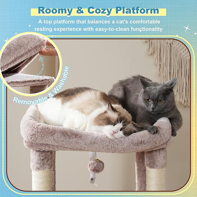 Hey-brother Cat Tree Tower, Scratching Posts with Big Platform, 2 Condos, Spacious Hammock, Cozy Basket, Sisal Board for Indoor Large Adults, 50 Inches Progressive Climbing House, Muchroom MPJ071MU