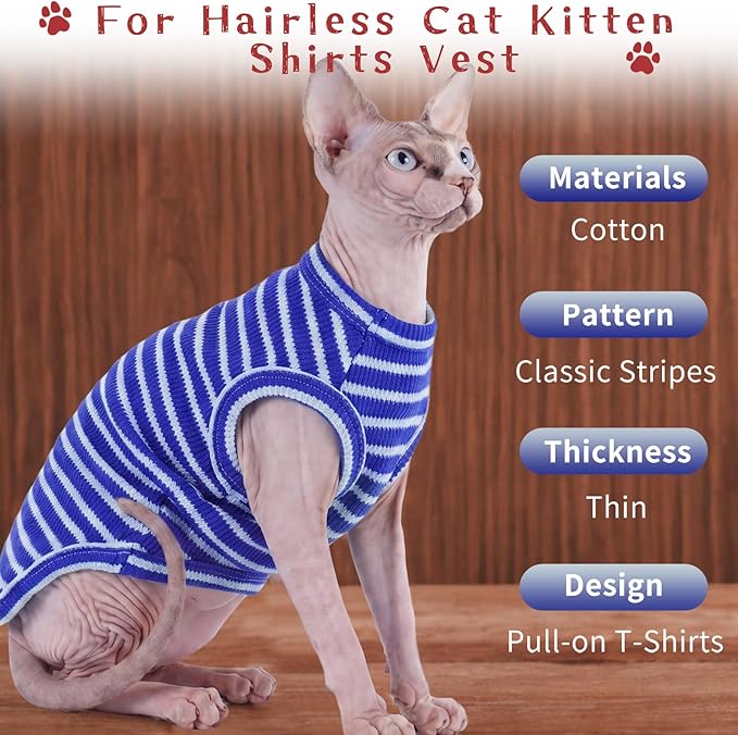 BRKURLEG Knit Cat Shirt, Sleeveless Pet Vest for Sphynx Cats and Small Dogs, Soft Pullover Spring Summer Apparel, Breathable T-Shirts with Round Collar (Blue Stripes, XL)