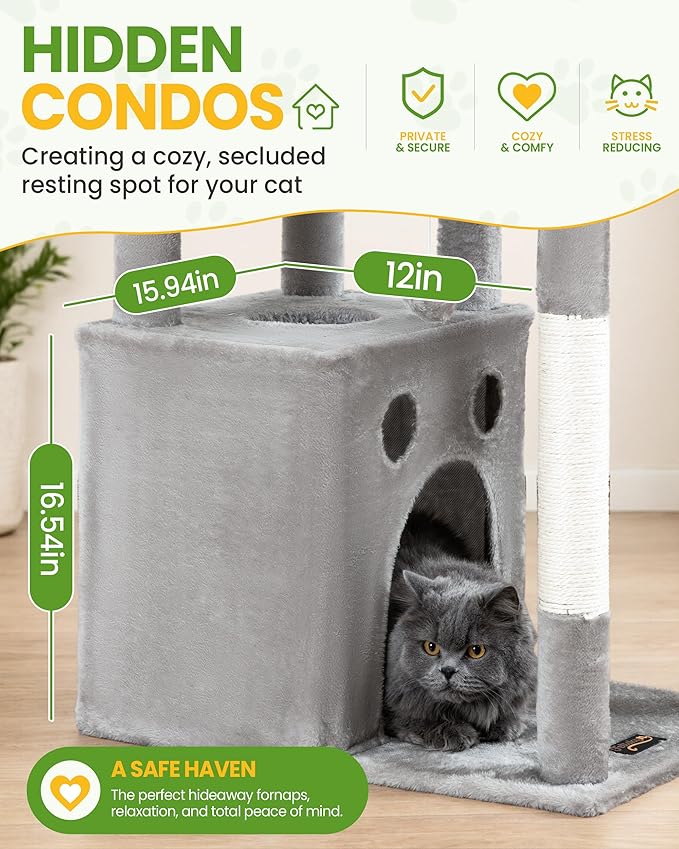 Cat Tree Tower for Indoor Cats, 67 inch Multi-Level Tall Climbing Tower with 3 Large Platform, Scratching Post, Hammock, Kitty Condo for Multiple Cats, Modern Cat Tree Furniture Heavy Duty, Light Grey