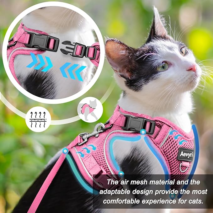 Cat Harness and Leash for Walking, The Upgrade Can be Adjusted in Four Directions and Breathable Cat Harness for Anti Escape that can be Fitted and Positioned, Reflective Strips Harness, Pink, L